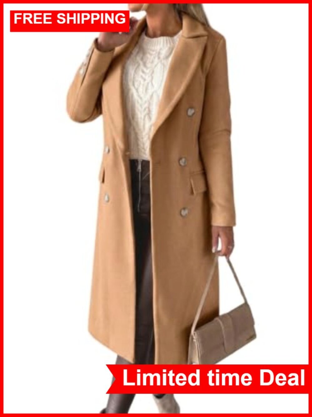 Womens Long Wool Blend Coat Double Breasted Trench Pea Coat Winter